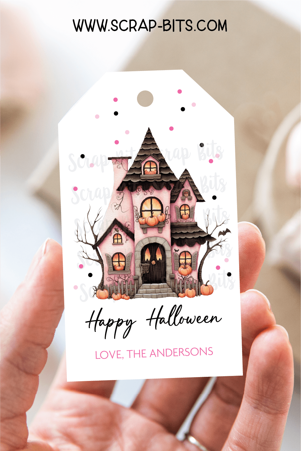 Pink Haunted House Whimsical Halloween Treat , Pinkoween Gift Tags - Scrap Bits