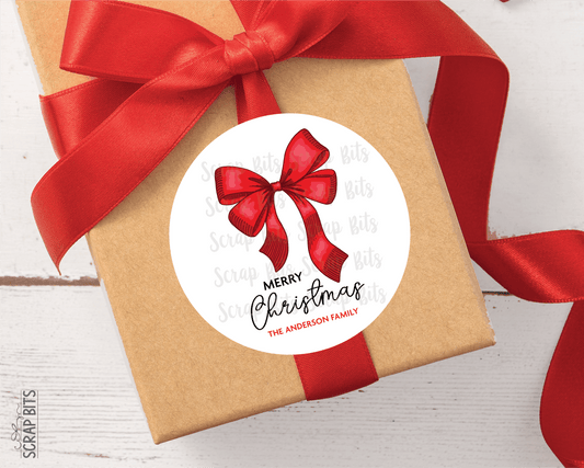 Red Bow Double Loop, Personalized Christmas Stickers or Tags - Scrap Bits