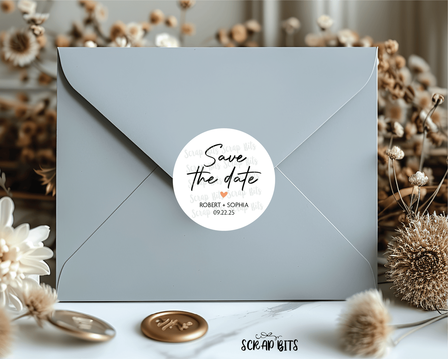 Save The Date Stickers, Signature Personalized Envelope Seals or Tags - Scrap Bits