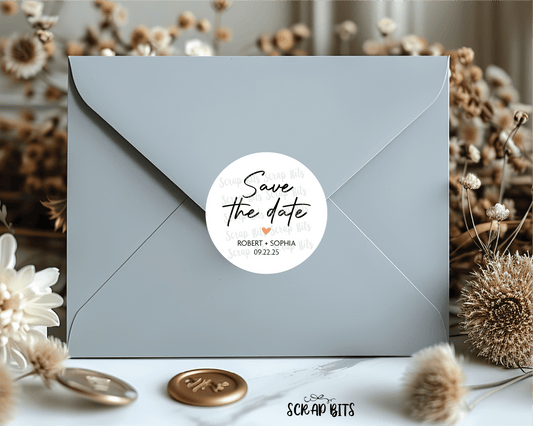 Save The Date Stickers, Signature Personalized Envelope Seals or Tags - Scrap Bits