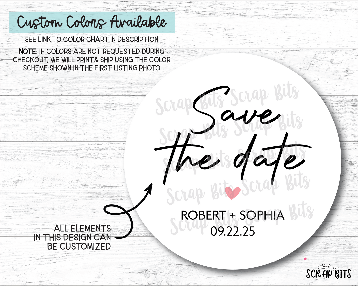Save The Date Stickers, Signature Personalized Envelope Seals or Tags - Scrap Bits