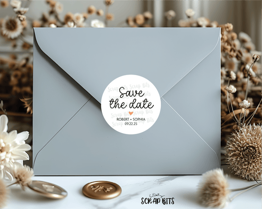 Save The Date Stickers, Small Heart Personalized Envelope Seals or Tags - Scrap Bits