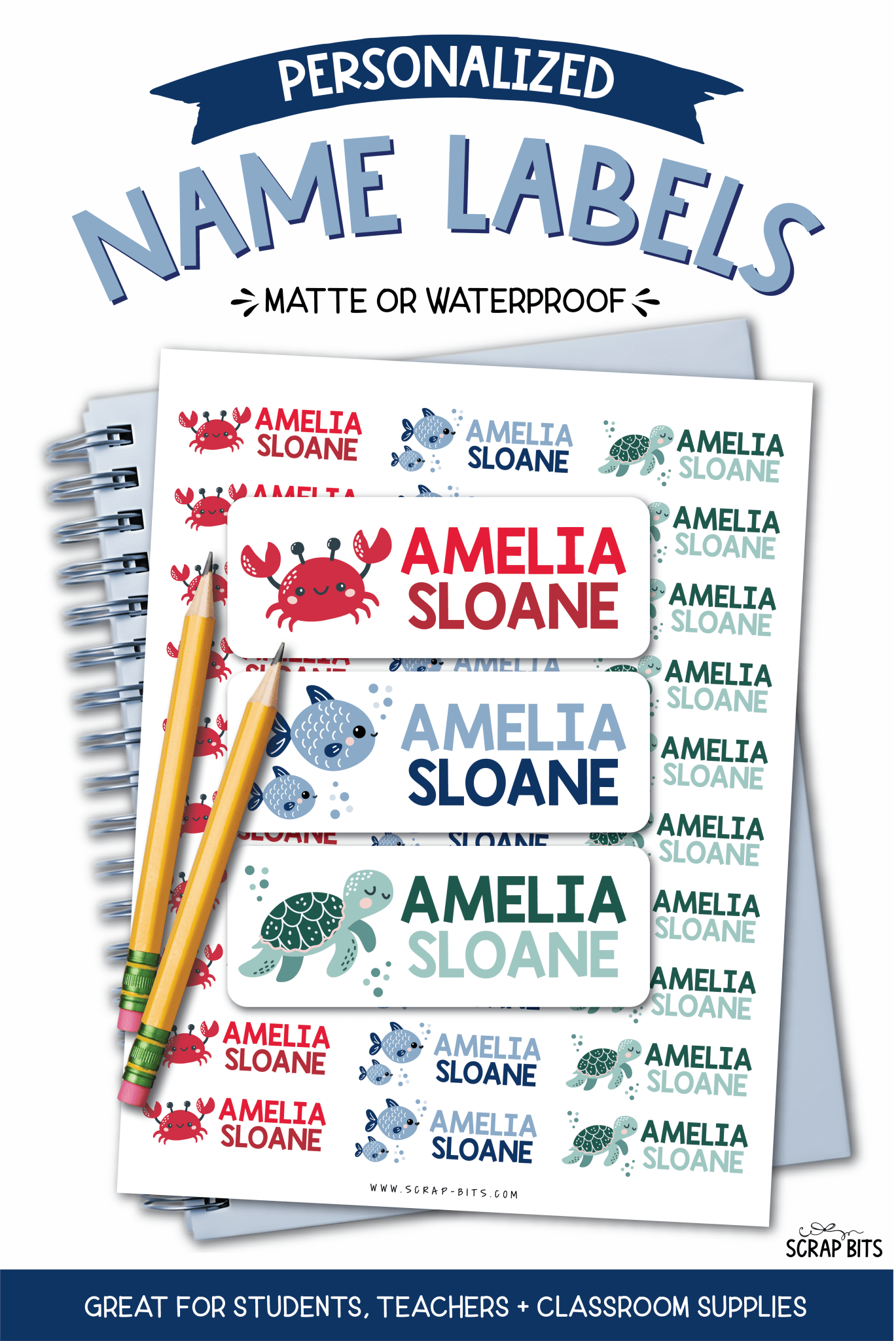 Sea Animals Name Labels, Crab, Turtle, Fish . Personalized Belonging Labels - Scrap Bits