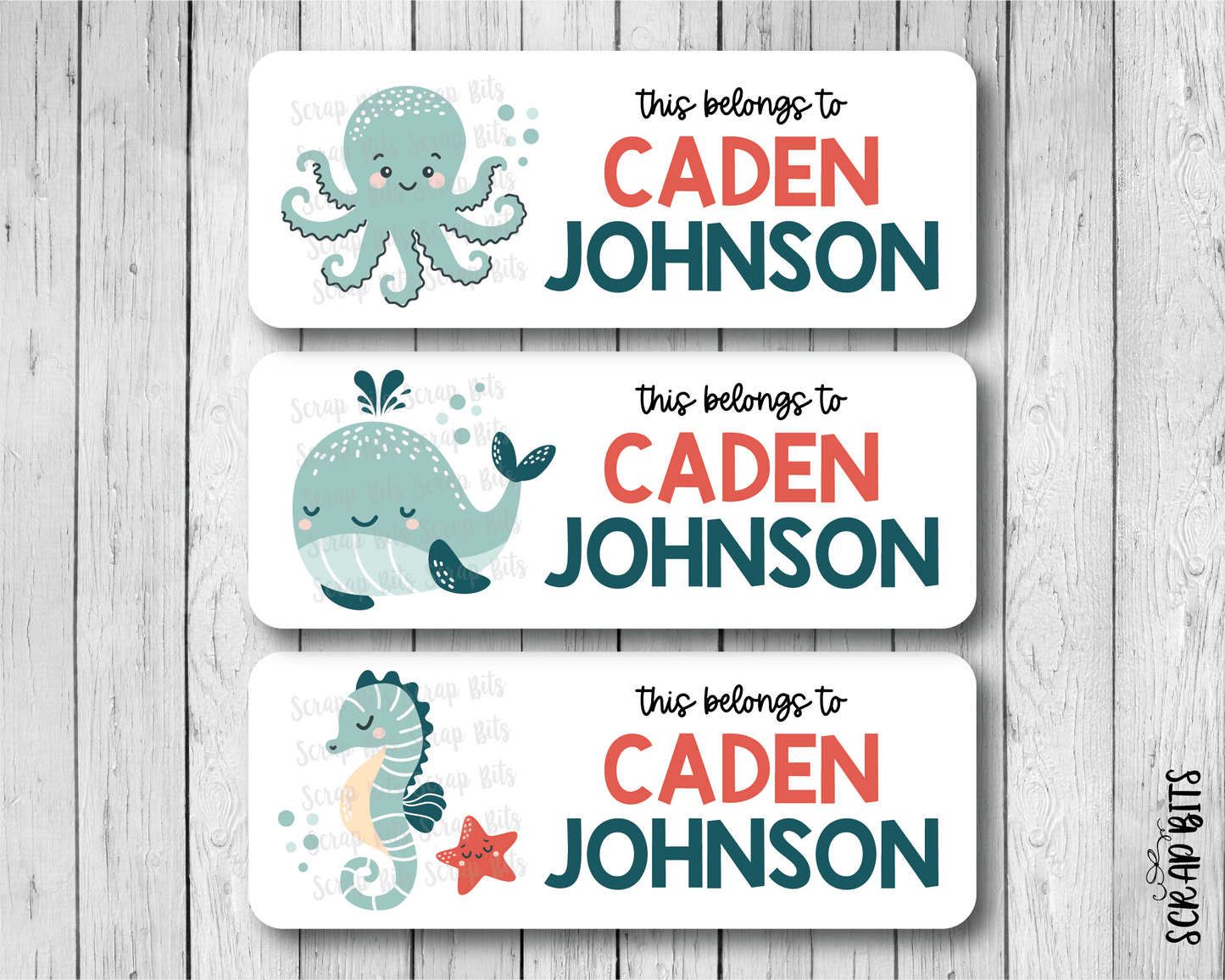 Sea Animals Name Labels, Octopus, Whale, Seahorse . Personalized Belonging Labels - Scrap Bits