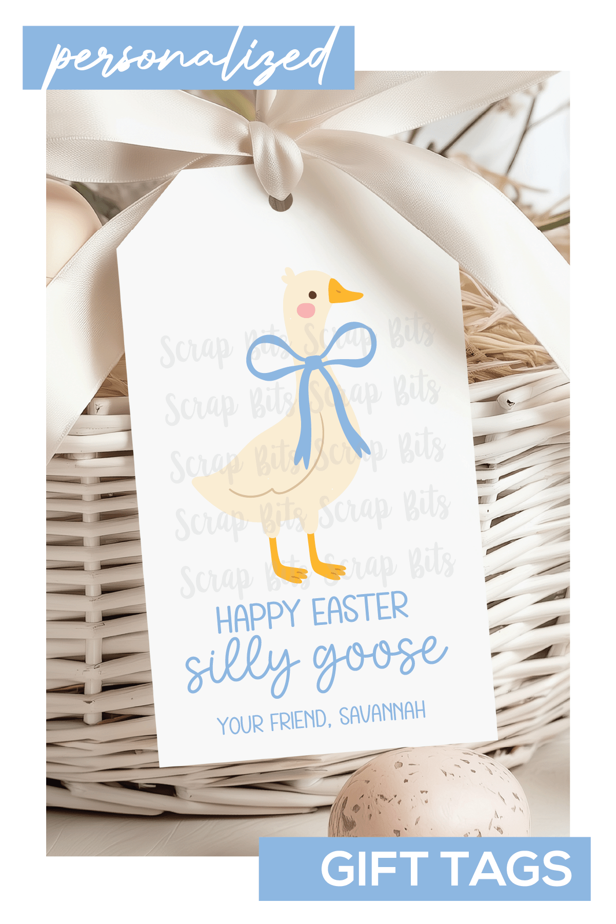 Silly Goose Blue Bow, Personalized Easter Gift Tags - Scrap Bits