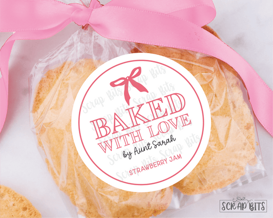 Small Bow Baked With Love Stickers . Personalized Baking Labels - Scrap Bits