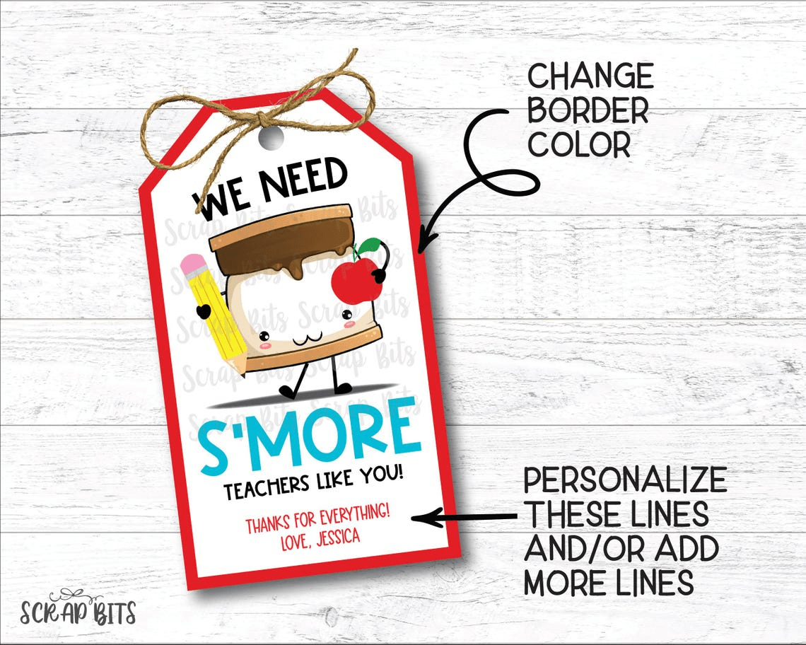 Smore Teachers Tags, Angle Top, EDITABLE Printable Digital Download - Scrap Bits