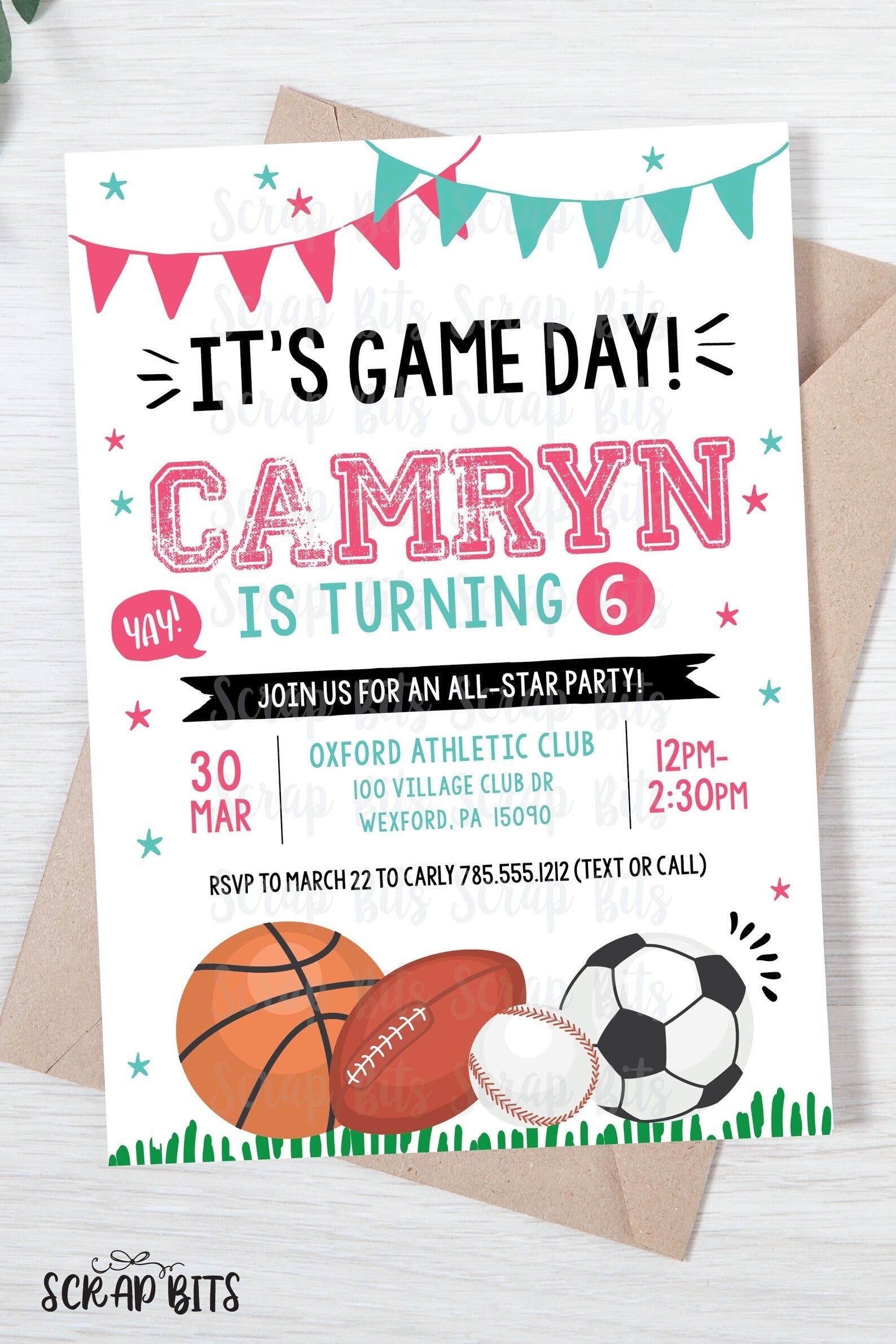 Sports Birthday Invitation, It's Game Day, Blue & Pink Sports Party Invitation . Instant Download Editable Template - Scrap Bits