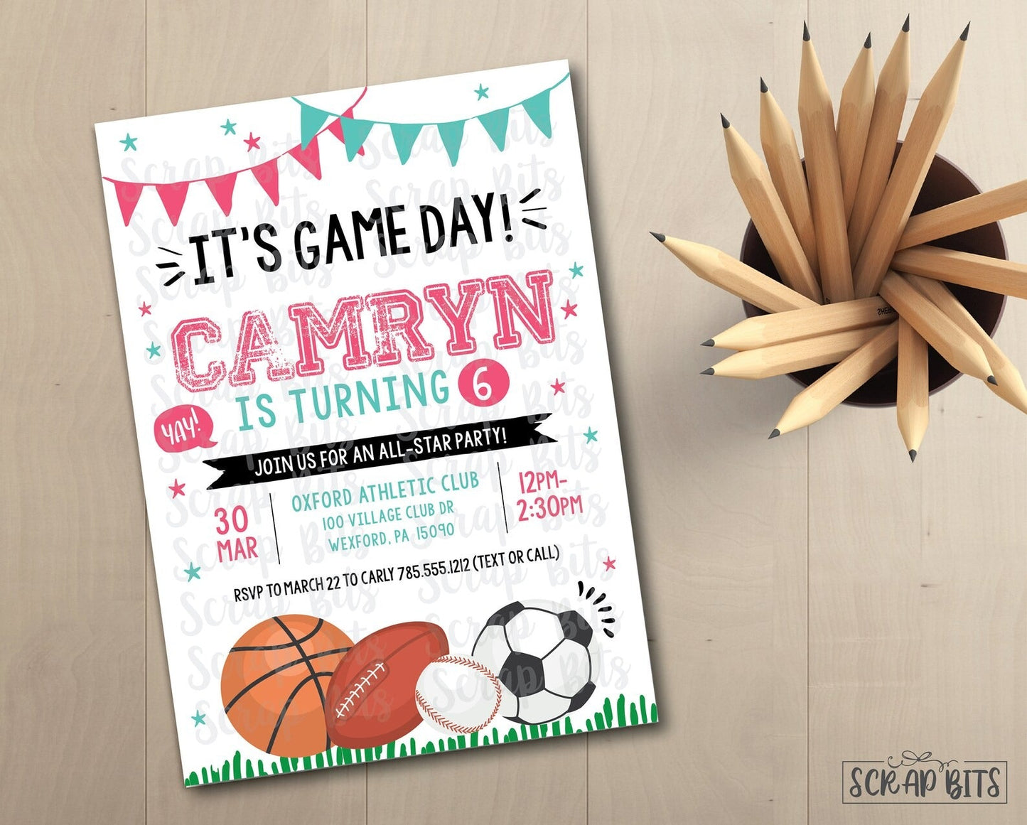 Sports Birthday Invitation, It's Game Day, Blue & Pink Sports Party Invitation . Instant Download Editable Template - Scrap Bits