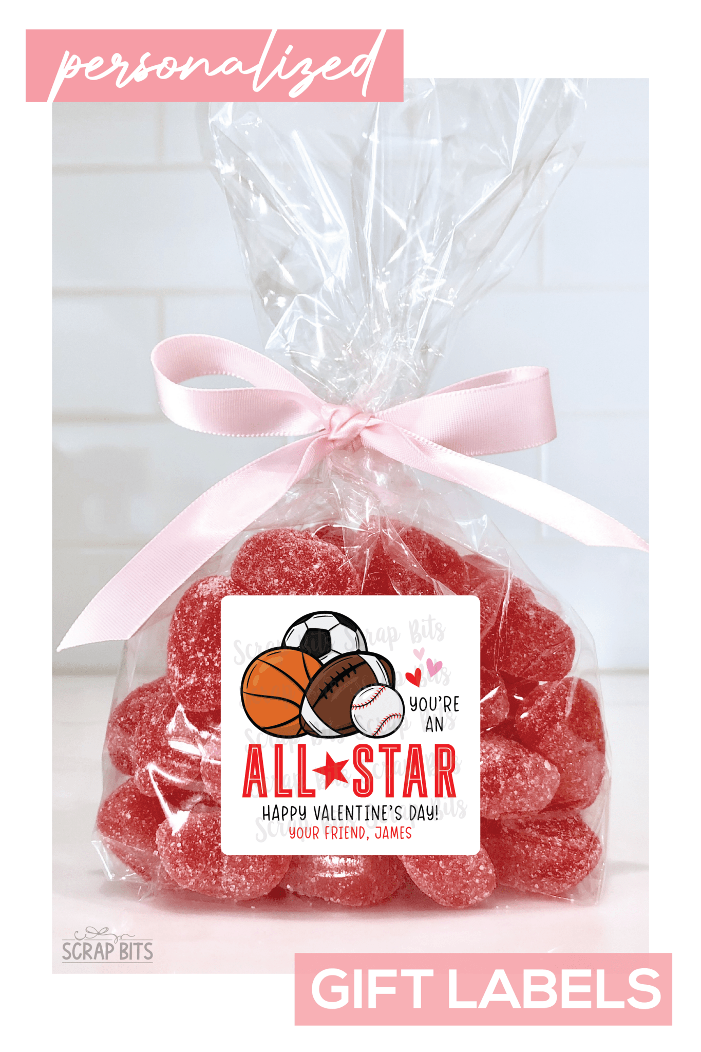 Sports Valentines, You're An All Star Valentine Treat Bag Stickers - Scrap Bits