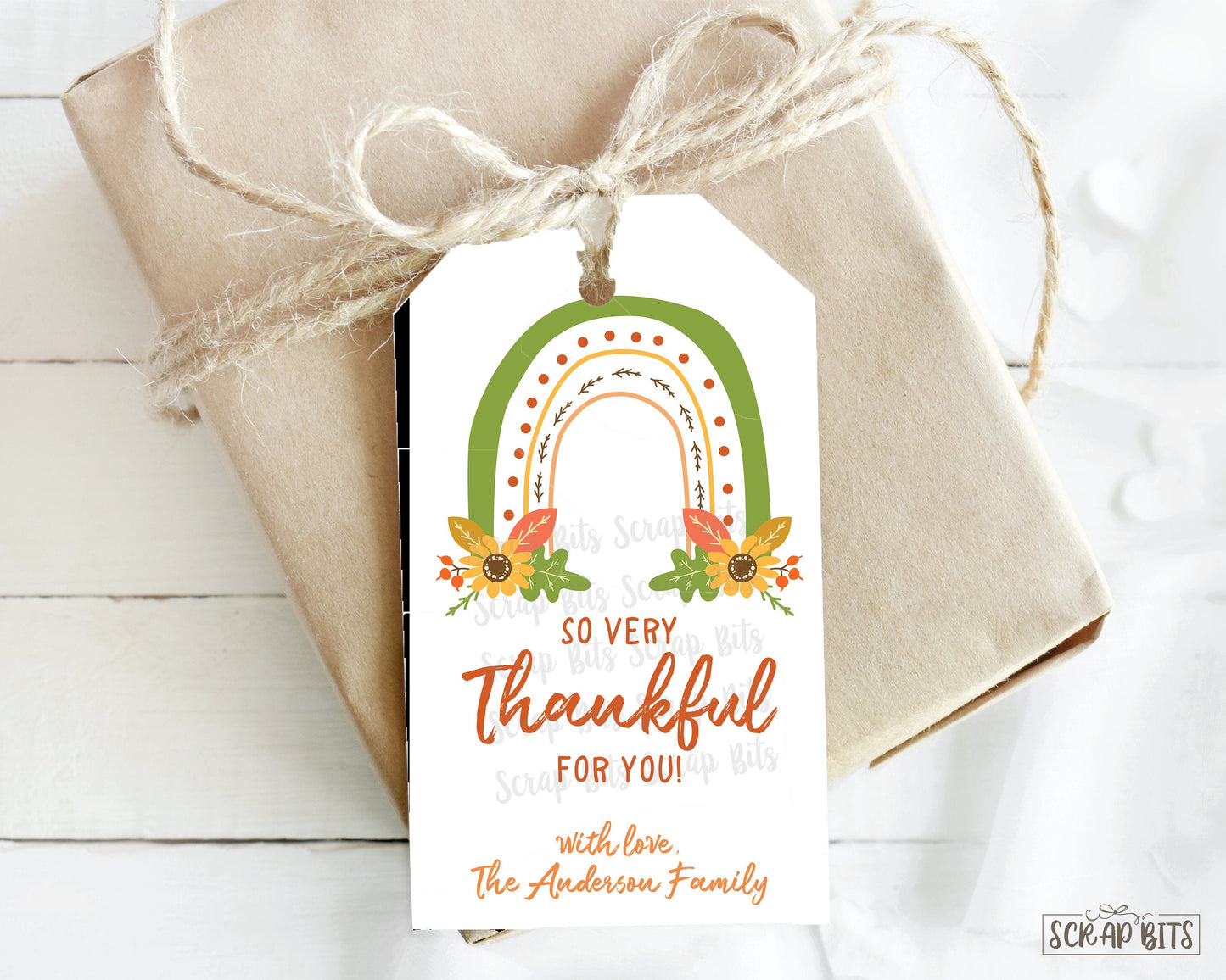 Thankful Tags, Rainbow with Flowers, Personalized Thanksgiving Gift Tags - Scrap Bits