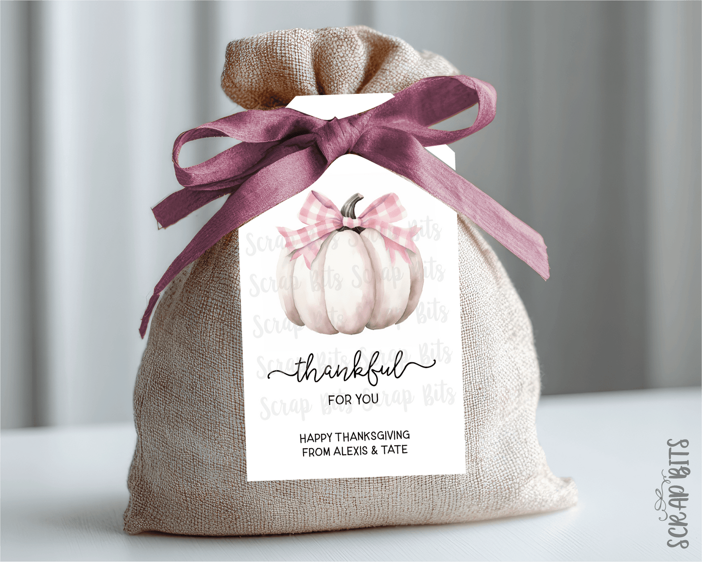 Thankful White Pumpkin Pink Gingham Bow Tags . Personalized Thanksgiving Gift Tags - Scrap Bits