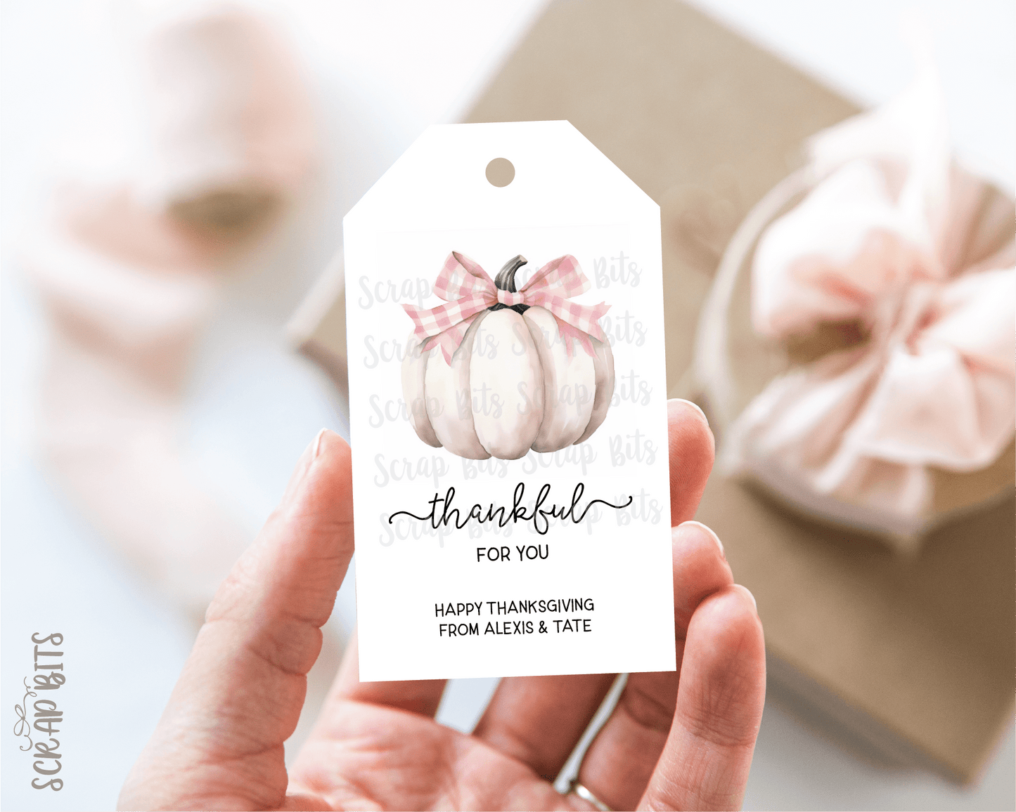 Thankful White Pumpkin Pink Gingham Bow Tags . Personalized Thanksgiving Gift Tags - Scrap Bits