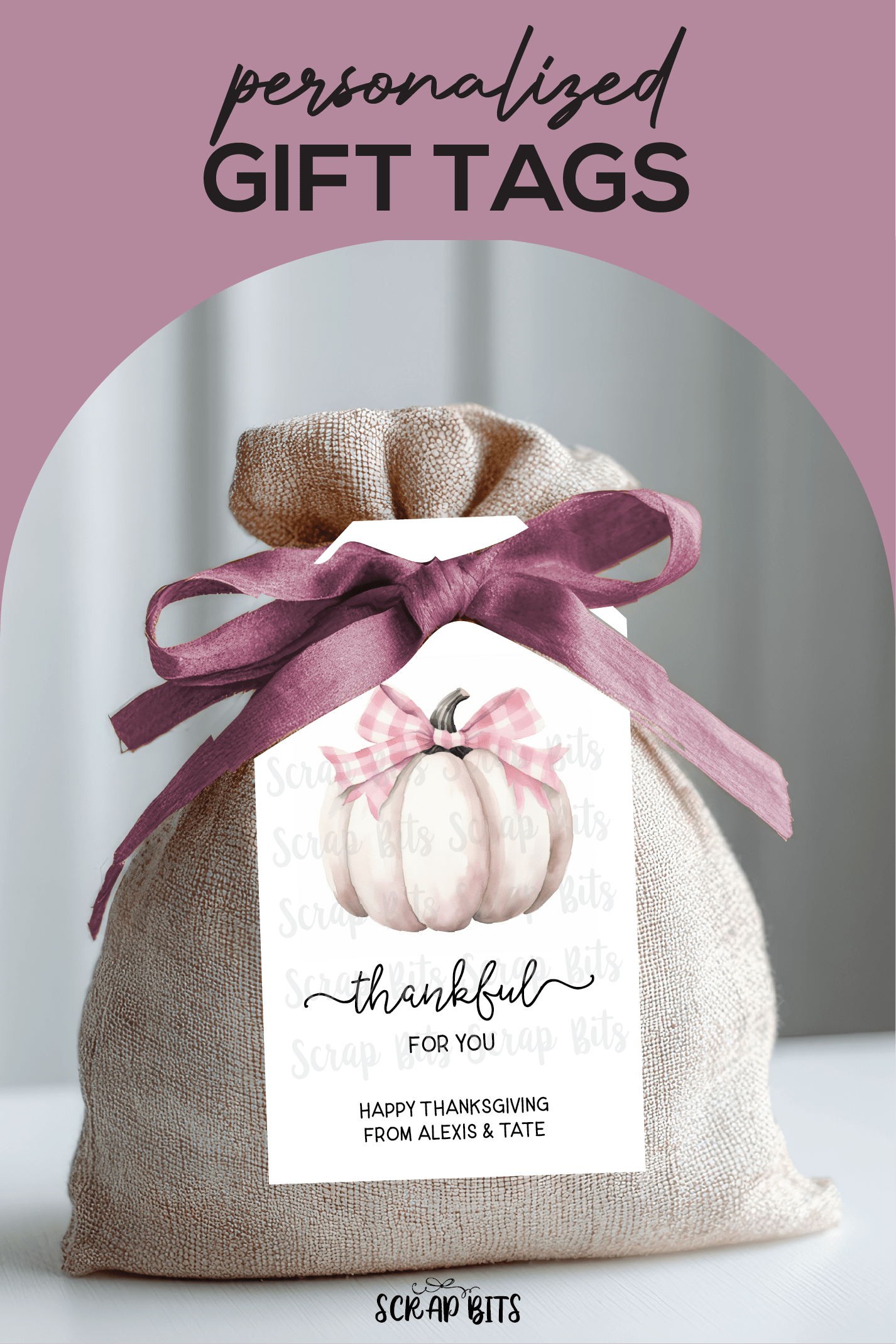 Thankful White Pumpkin Pink Gingham Bow Tags . Personalized Thanksgiving Gift Tags - Scrap Bits