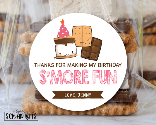 Thanks For Making My Birthday S'more Fun, Smore Birthday Favor Stickers or Tags - Scrap Bits