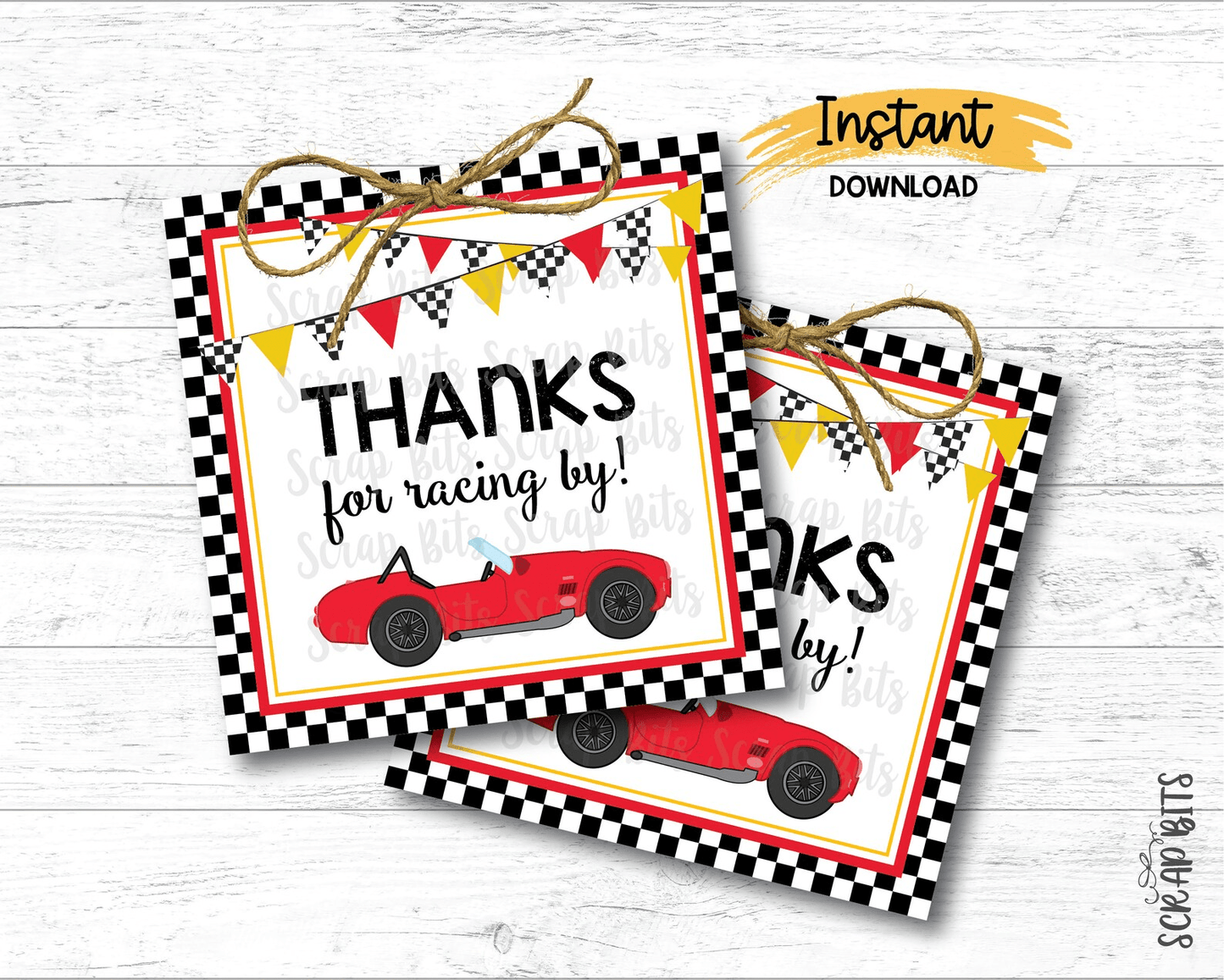 Thanks For Racing By, Red Race Car, Printable Square Birthday Favor Tags, Instant Download - Scrap Bits