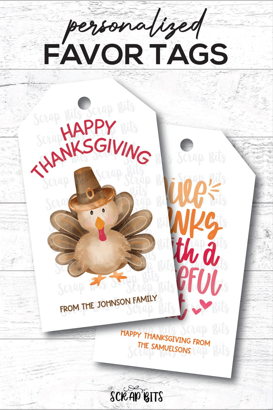 Turkey + Thankful Word Stack Thanksgiving Gift Tag Set - Scrap Bits