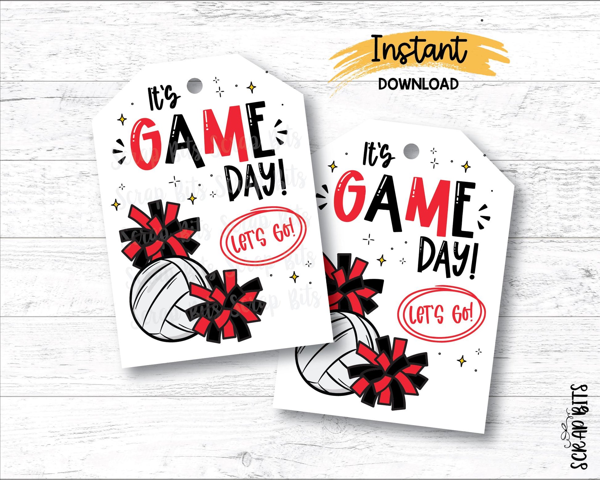 Volleyball Game Day Tags, Red & Black, Printable Volleball Pom Poms Gift Tags, Instant Download - Scrap Bits