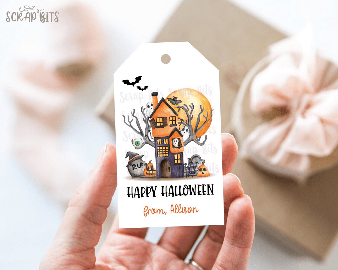 Watercolor Haunted House Personalized Halloween Gift Tags - Scrap Bits