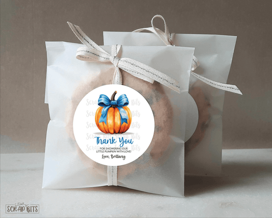 Watercolor Pumpkin with Blue Bow, Baby Shower Favor Stickers or Tags - Scrap Bits