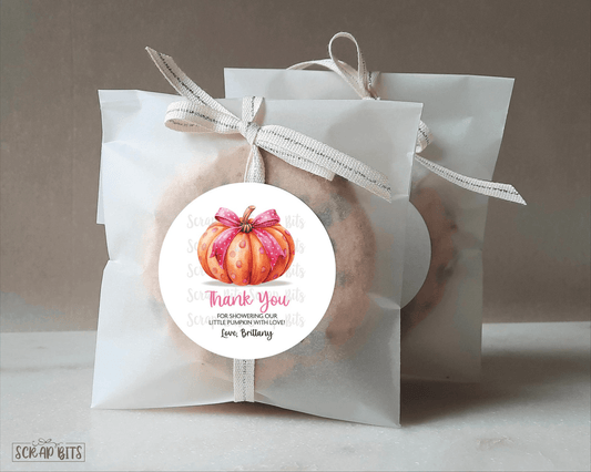 Watercolor Pumpkin with Pink Bow, Baby Shower Favor Stickers or Tags - Scrap Bits