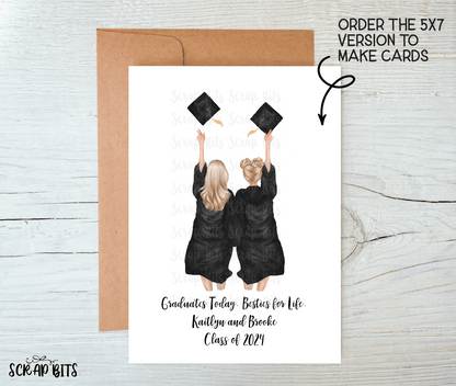 2 Female Best Friends Graduation Print, Custom Graduation Gift, Tossing Cap Full Gowns . Personalized Digital Portrait Print - Scrap Bits