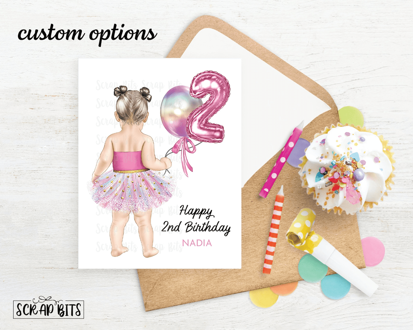 2nd Birthday Card, Baby Tutu Girl With Balloons 1st, 2nd or 3rd Birthday . Birthday Portrait Card - Scrap Bits