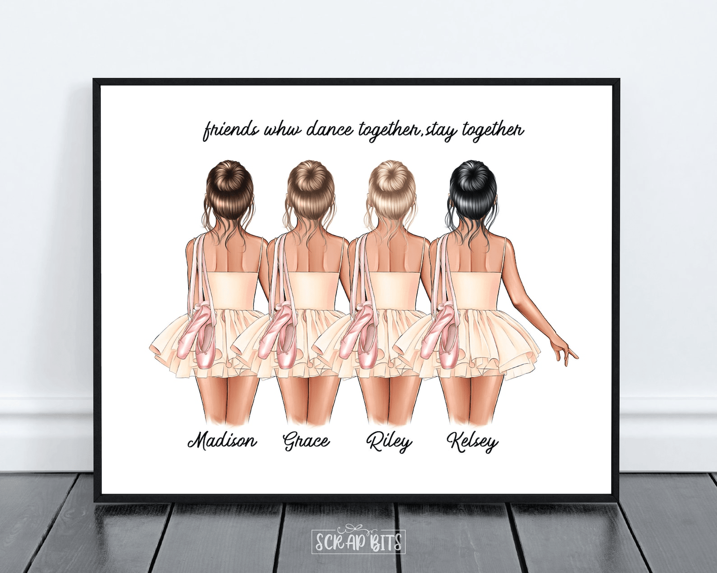Ballerina Friends Print, Custom Ballet Gift . Personalized Digital Portrait Print - Scrap Bits