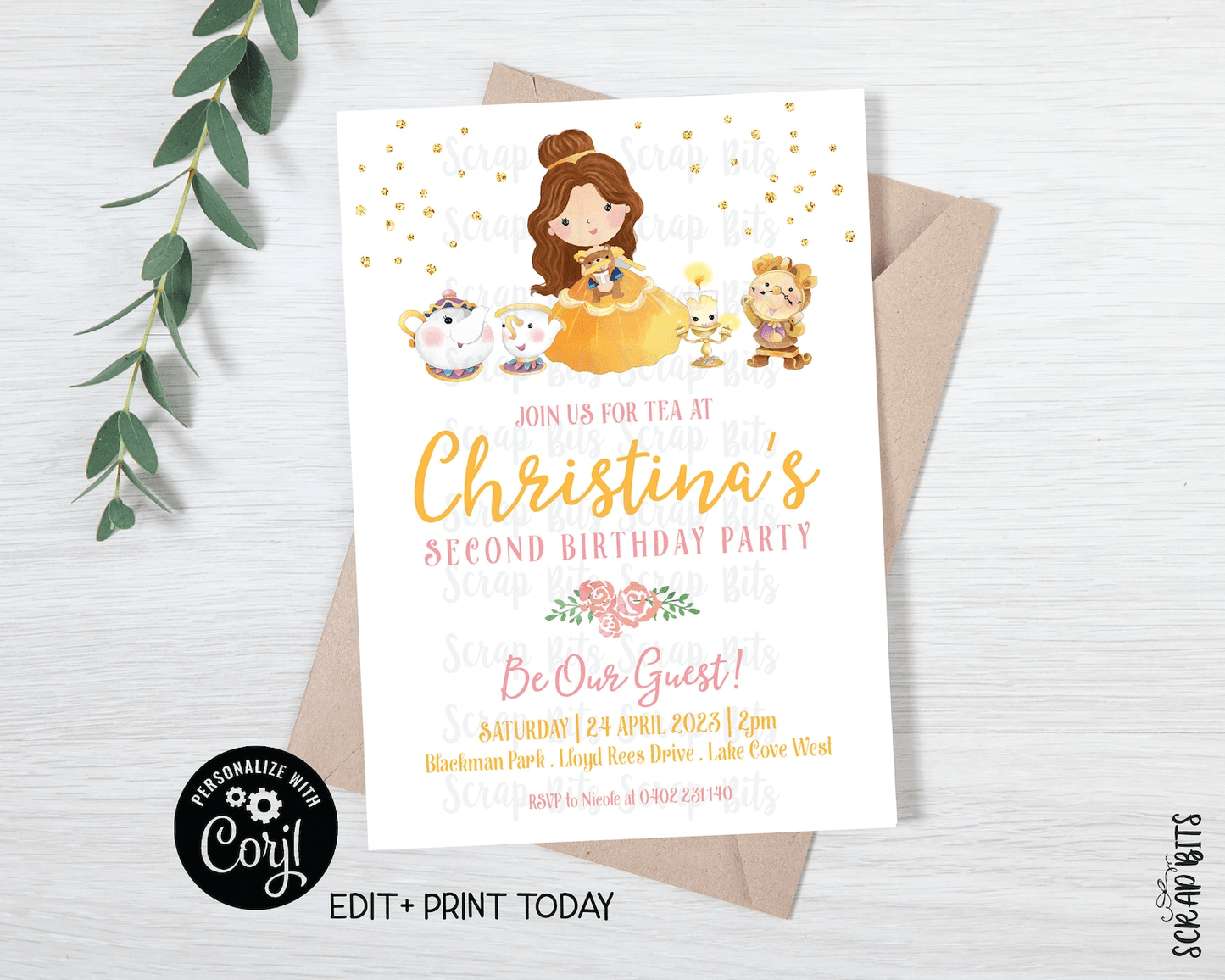 Belle & Friends Birthday Invitation, Pink Tea Party Invitation, Printable Princess Tea Party Editable Invitation . Instant Download Editable Template - Scrap Bits