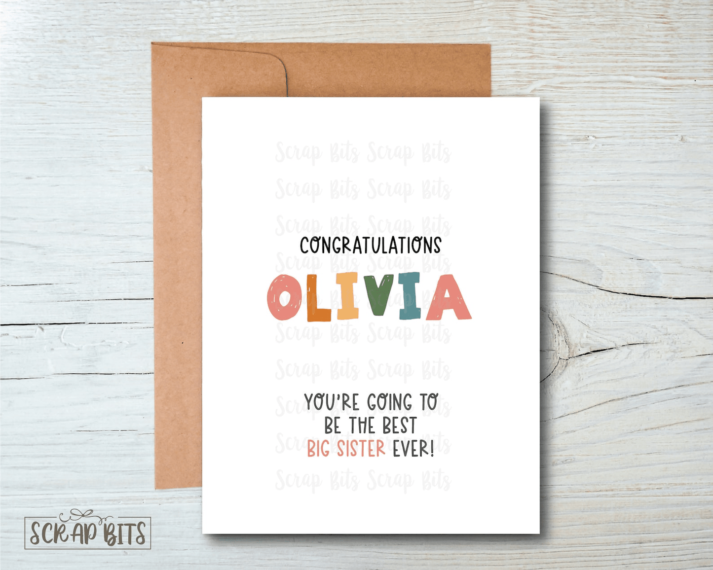 Big Sister Card, New Sibling Card, Chunky Whimsy Lettering - Scrap Bits