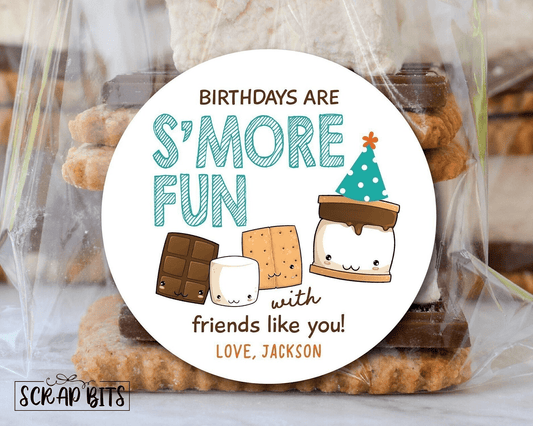 Birthdays Are S'more Fun, Smore Birthday Favor Stickers or Tags - Scrap Bits