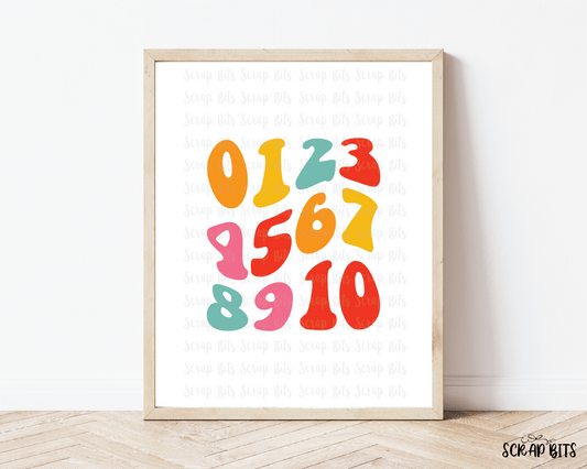 Bright Groovy Numbers Print, Retro Educational Poster . 5 Digital Print Sizes - Scrap Bits