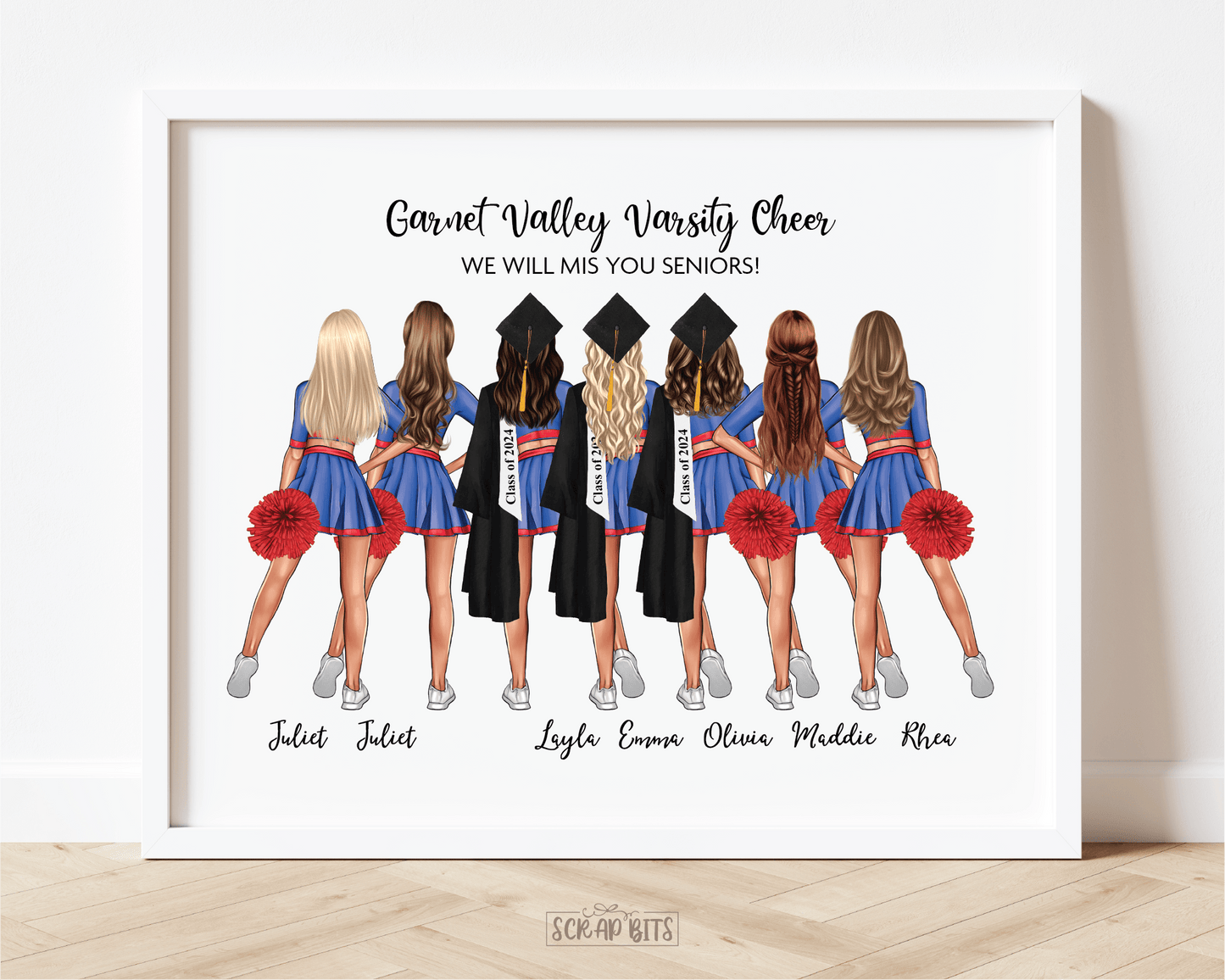 Cheerleader Group Graduation Print, Custom Cheerleading Graduation Gift, Hip Poms . Personalized Digital Portrait Print - Scrap Bits