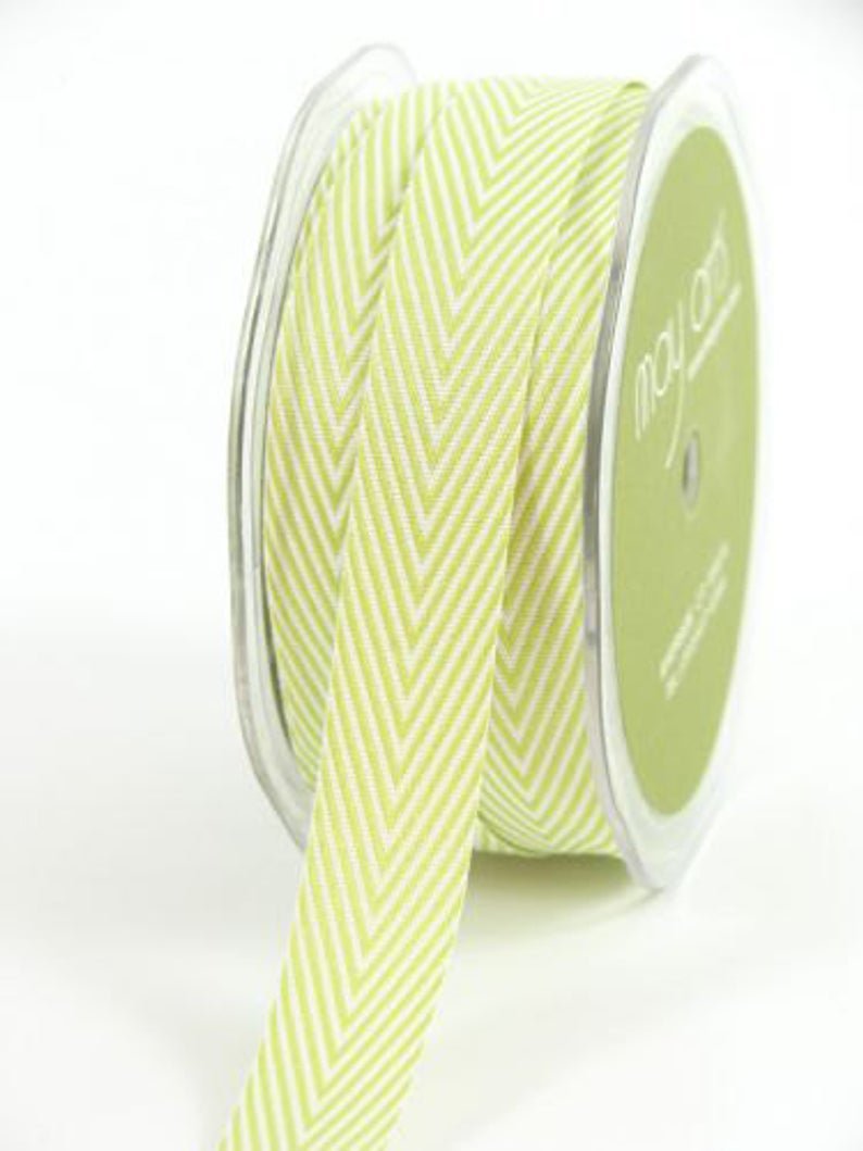 Chevron Twill Herringbone Ribbon - Celery Green & White 3/4" Width - Scrap Bits