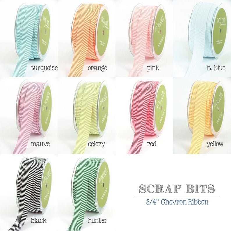 Chevron Twill Herringbone Ribbon - Celery Green & White 3/4" Width - Scrap Bits