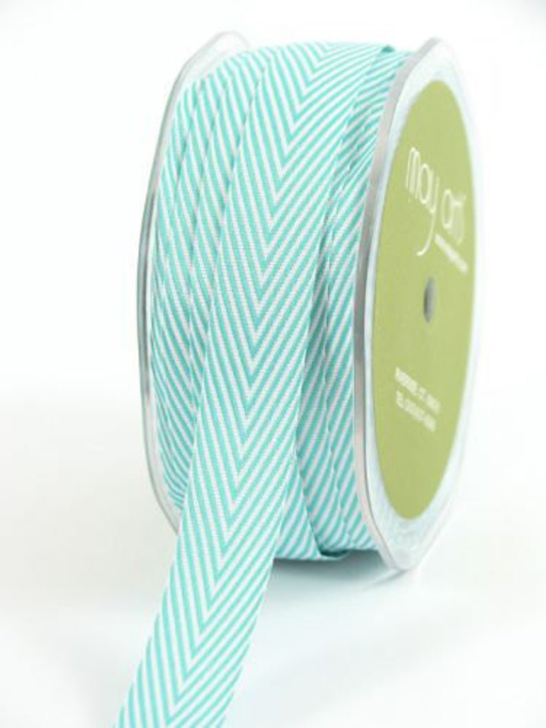 Chevron Twill Herringbone Ribbon - Turquoise (Aqua) & White 3/4" Width - Scrap Bits