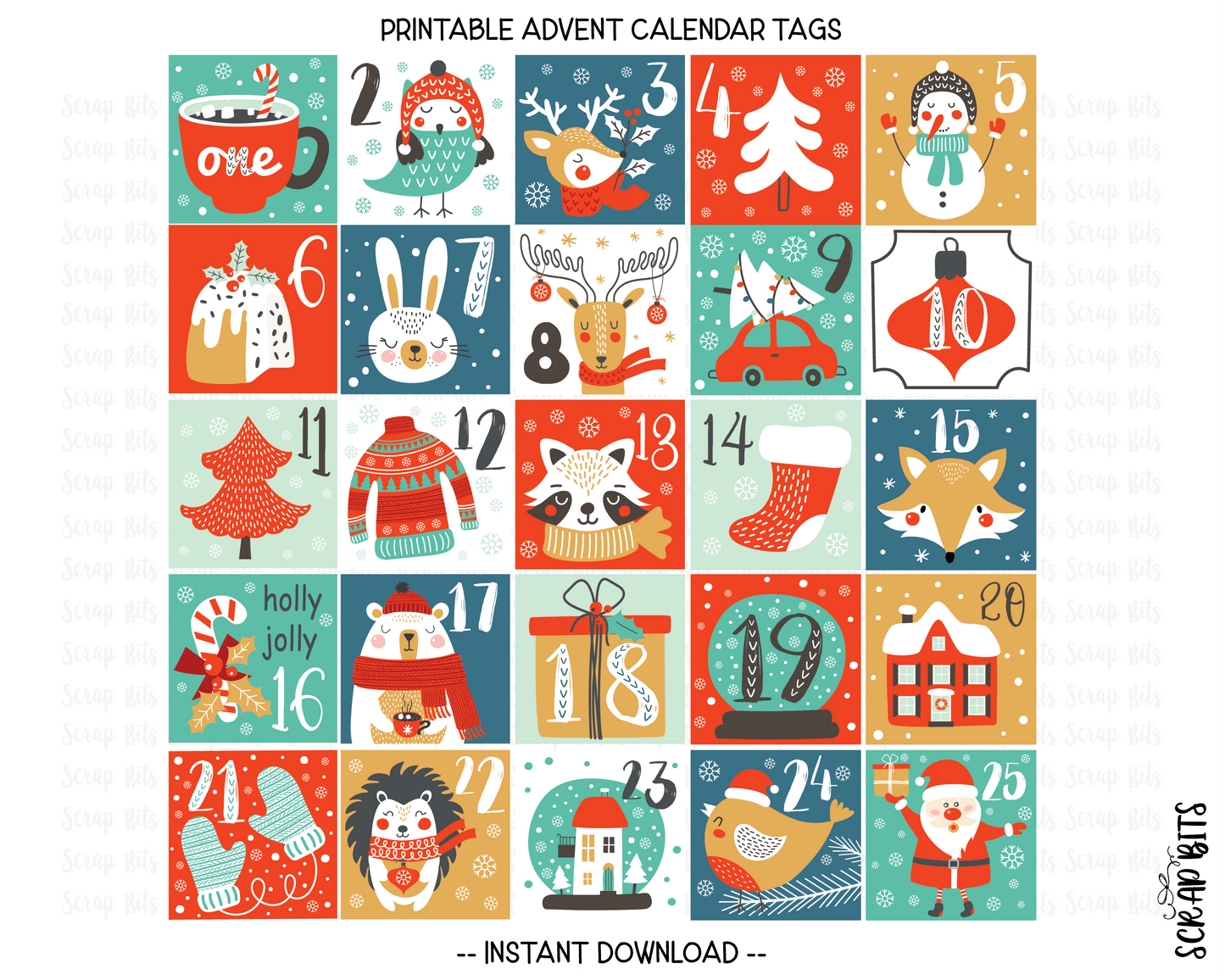 Christmas Advent Calendar Tags, Christmas Countdown Tags, Printable Advent Tags, Coloful Snowy Christmas Tags . INSTANT Download - Scrap Bits