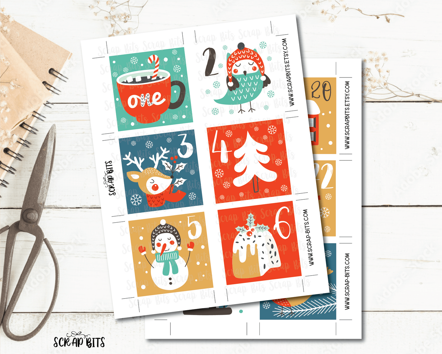 Christmas Advent Calendar Tags, Christmas Countdown Tags, Printable Advent Tags, Coloful Snowy Christmas Tags . INSTANT Download - Scrap Bits