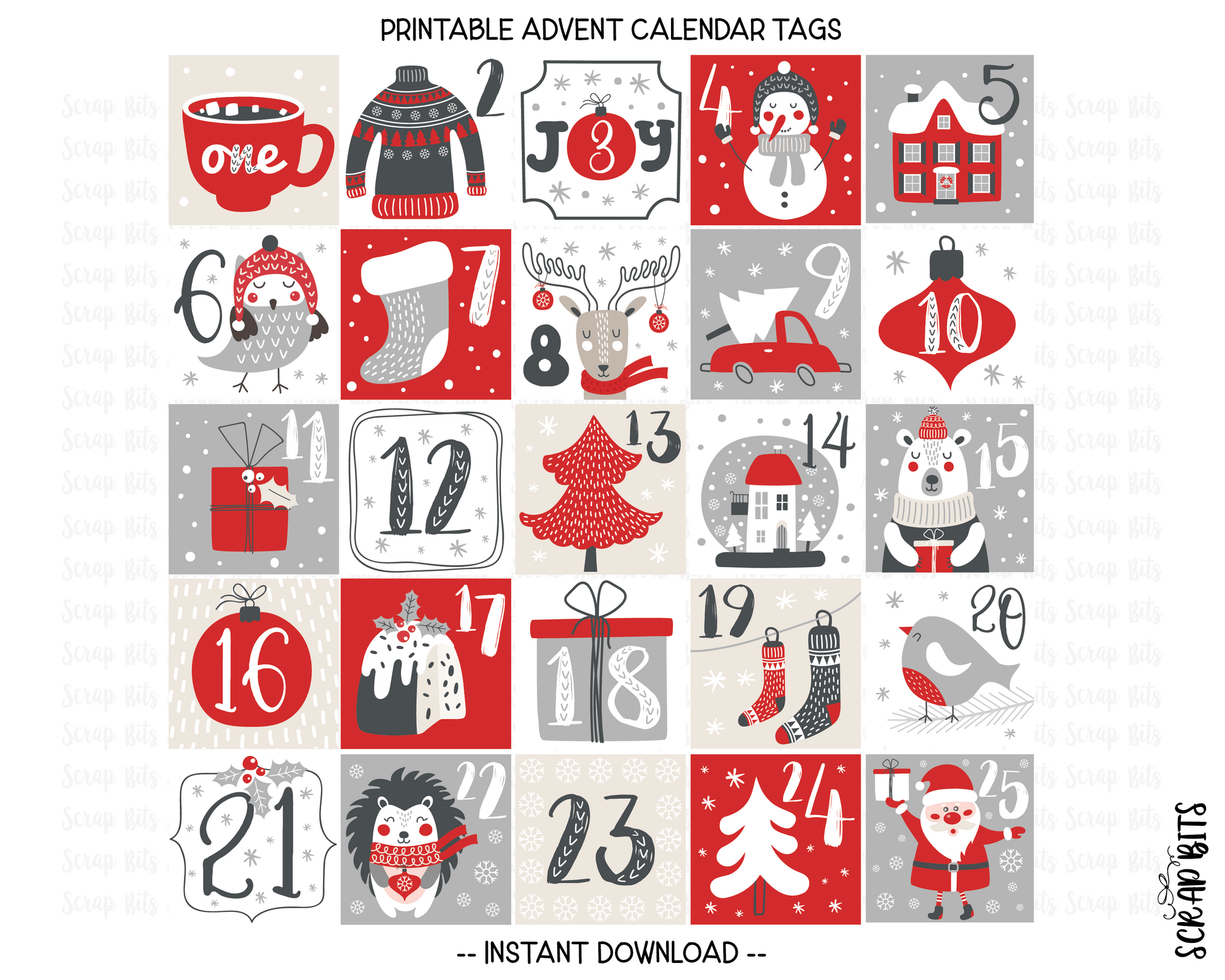 Christmas Advent Calendar Tags, Christmas Countdown Tags, Printable Advent Tags, Red Snowy Christmas Tags . INSTANT Download - Scrap Bits