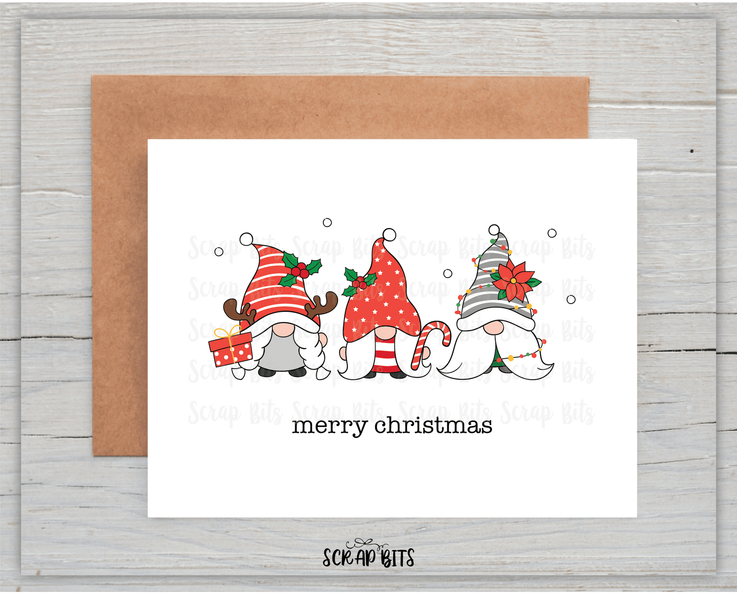 Christmas Gnomes Card . Single or Set of 10 - Scrap Bits