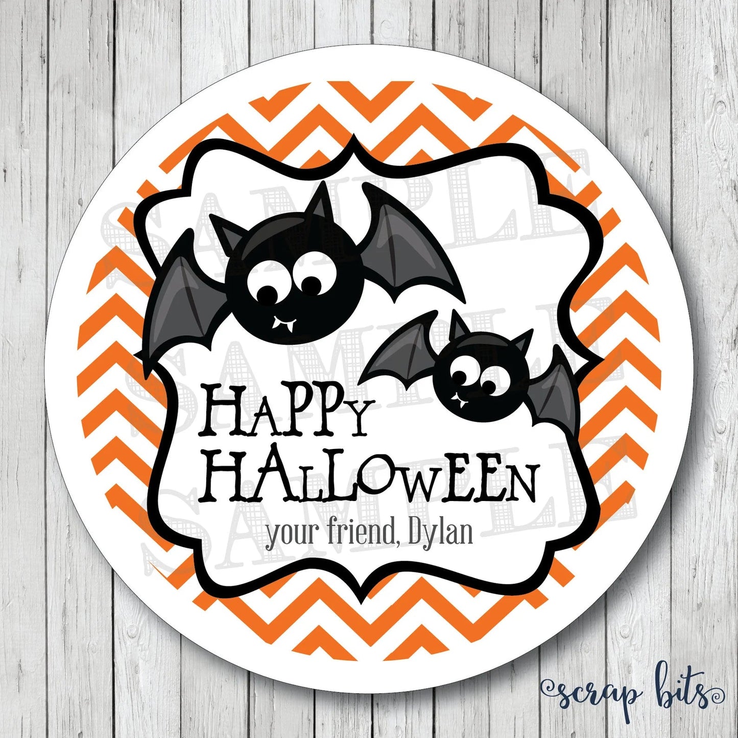 Cute Bats on Chevron Halloween Treat Bag Stickers or Tags - Scrap Bits