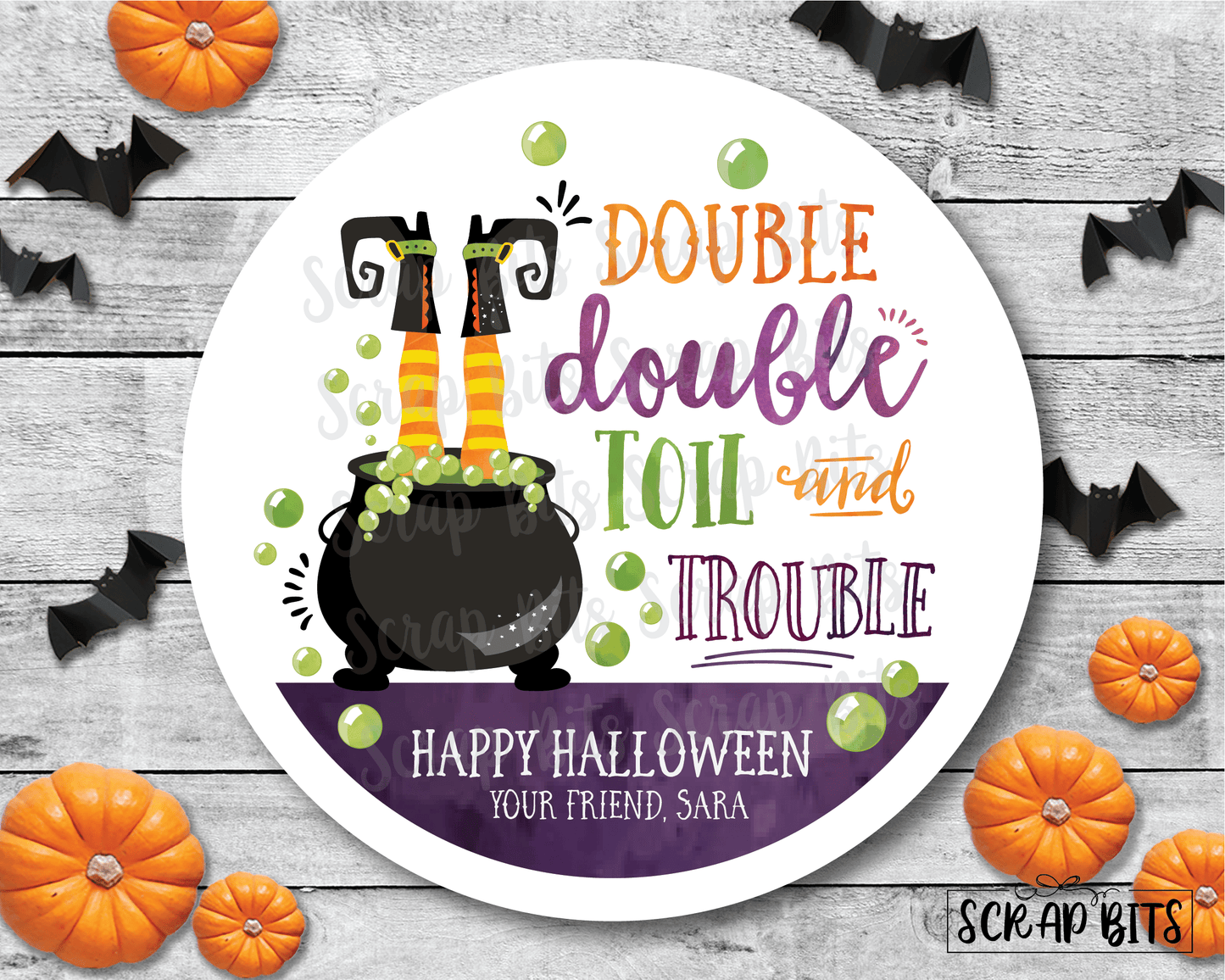 Double Double Toil & Trouble, Witches Brew . Halloween Stickers or Tags - Scrap Bits