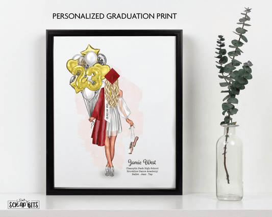 Female Graduation Print, Personalized Grad Gift, Full Body Balloon Bunch . Digital Portrait Print - Scrap Bits