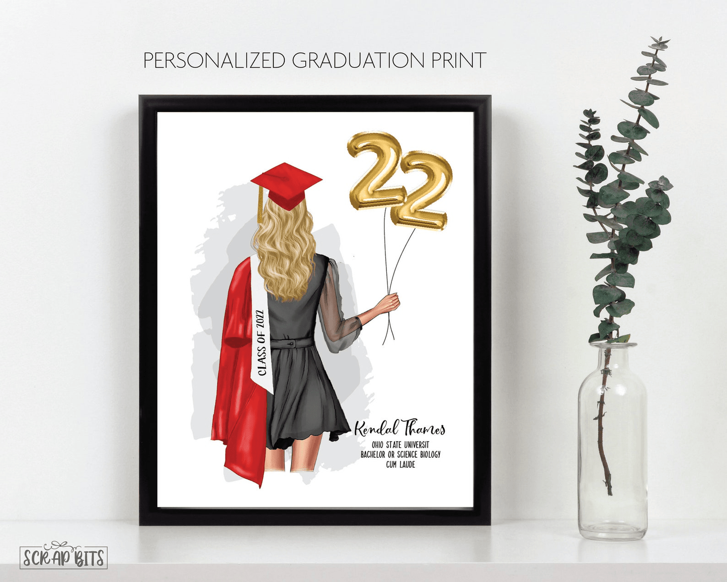 Female Graduation Print, Personalized Graduation Gift for Her, Half Body . Digital Portrait Print - Scrap Bits