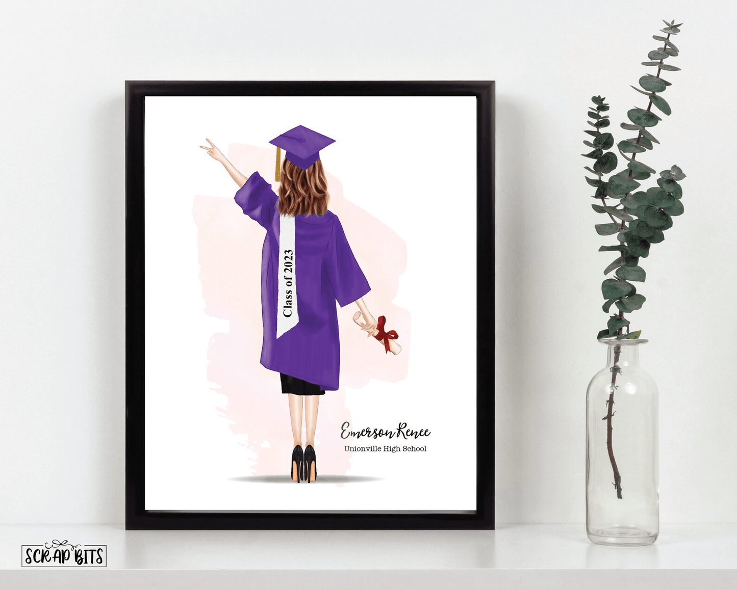 Female Graduation Print, Personalized Graduation Gift, Full Gown . Digital Portrait Print - Scrap Bits
