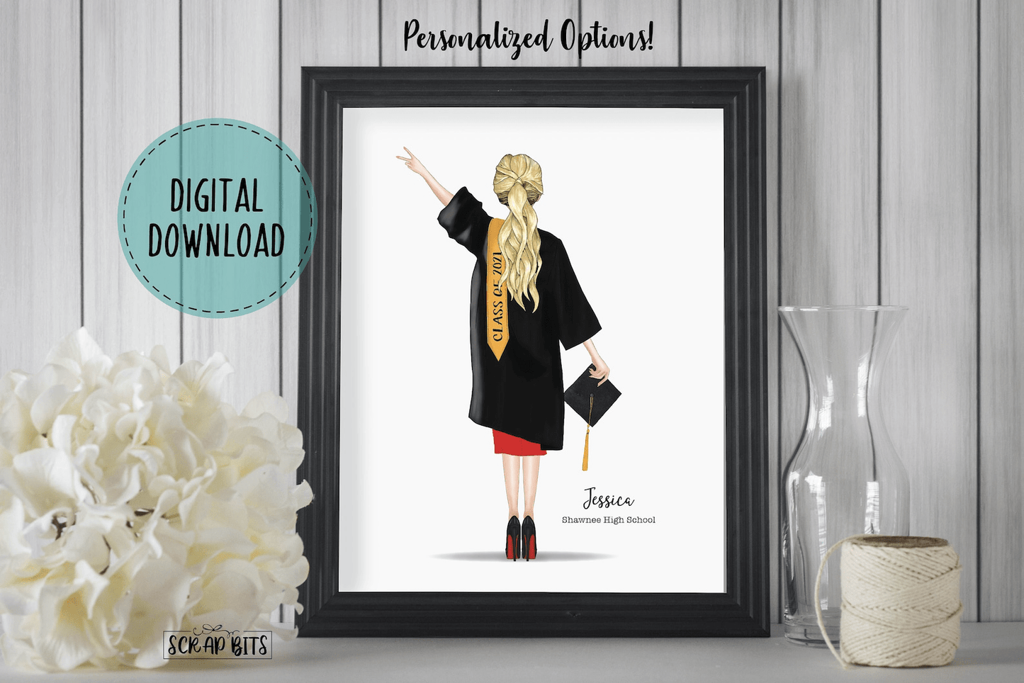 Female Graduation Print, Personalized Graduation Gift, Full Gown . Digital Portrait Print - Scrap Bits
