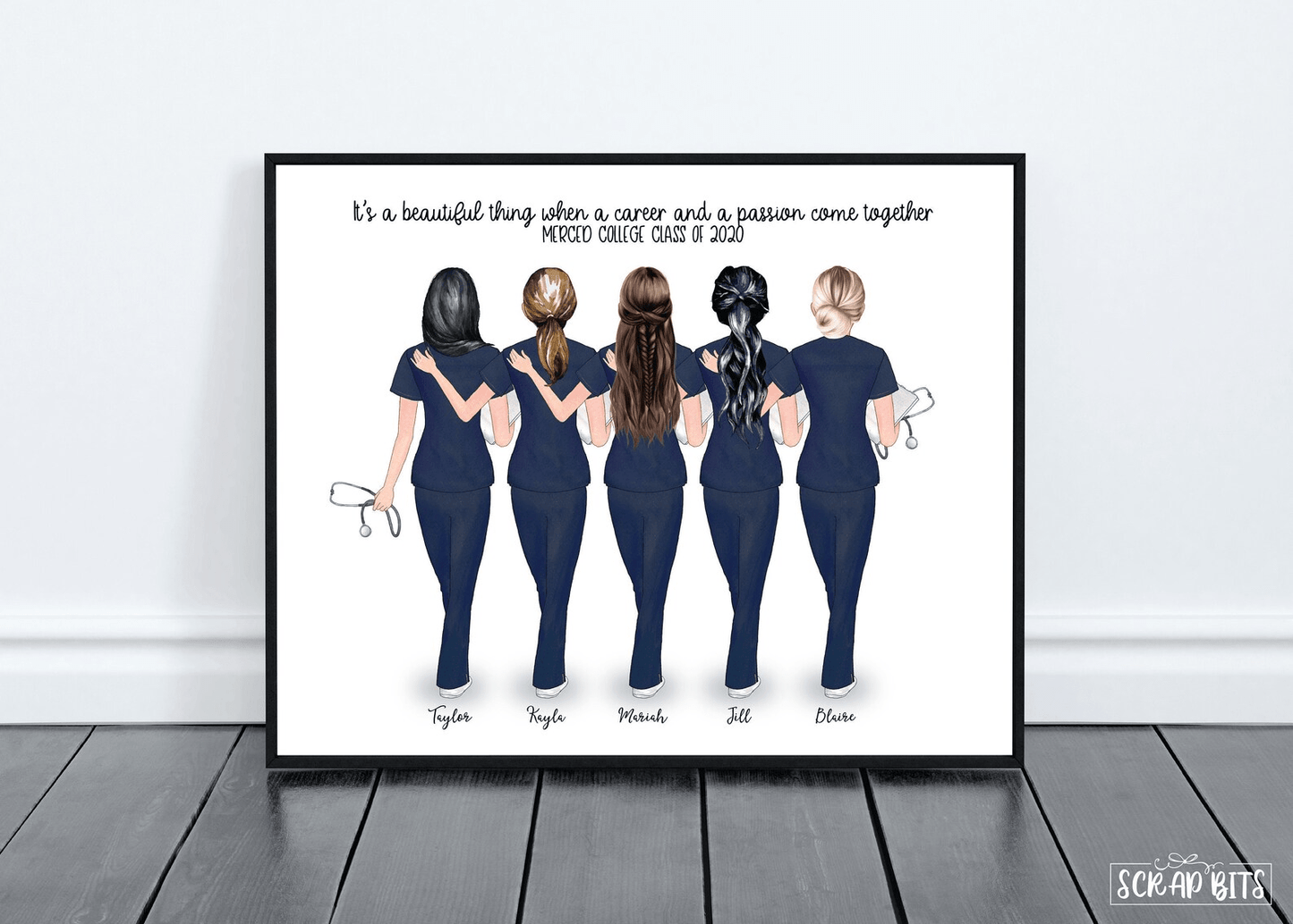 Female Nurse Group Print, Custom Nursing Friends Gift . Personalized Digital Portrait Print - Scrap Bits