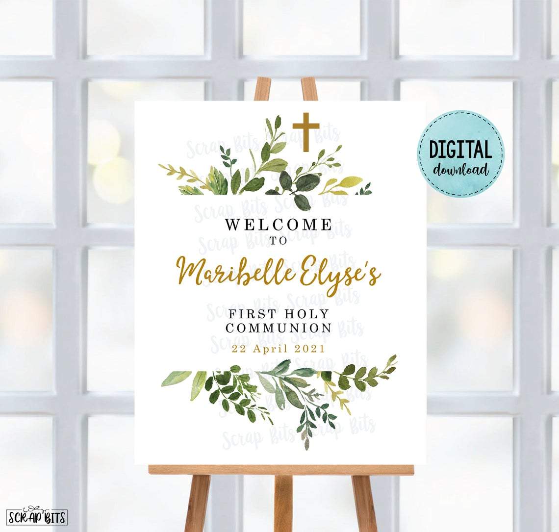 First Communion Welcome Sign, Watercolor Greenery . Digital Download - Scrap Bits