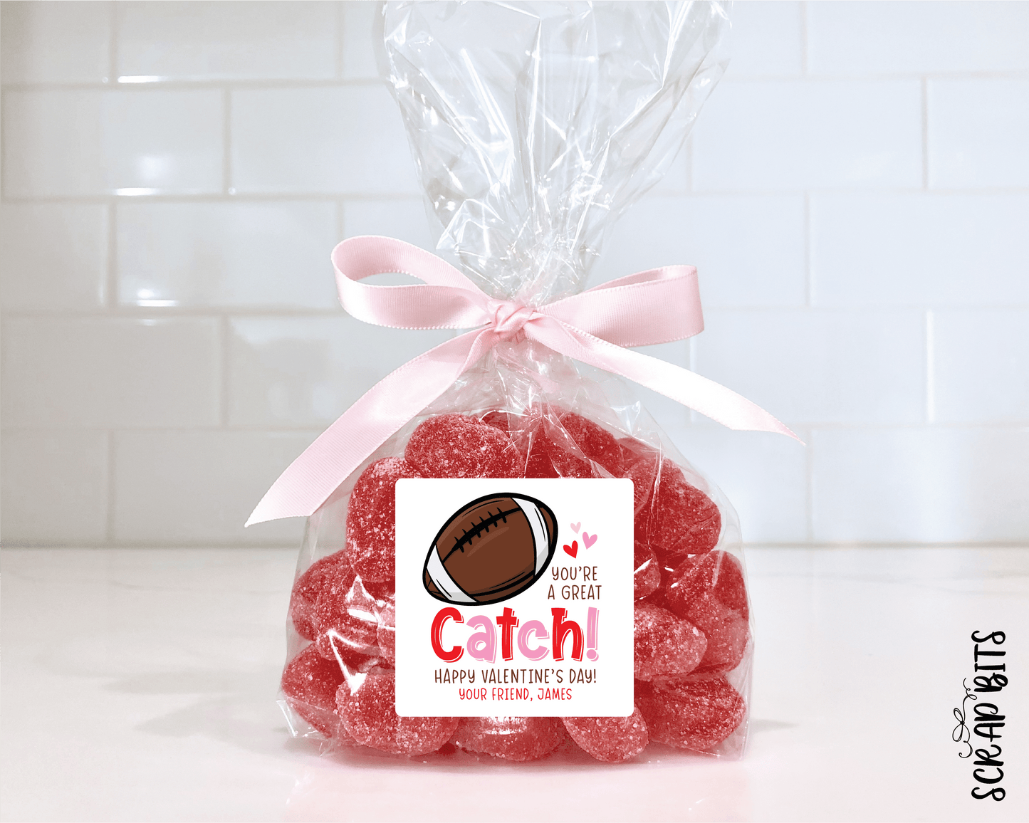 Football Valentines, You're A Great Catch Valentine Treat Bag Stickers - Scrap Bits