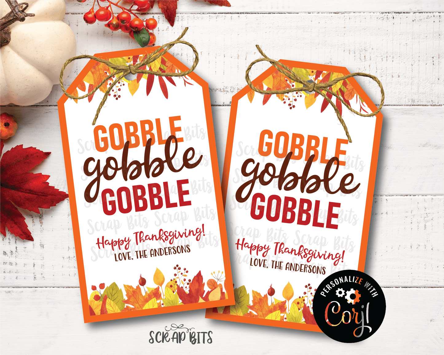 Gobble Gobble Gobble Tags, Printable Thanksgiving Tags . Instant Download Editable Template - Scrap Bits